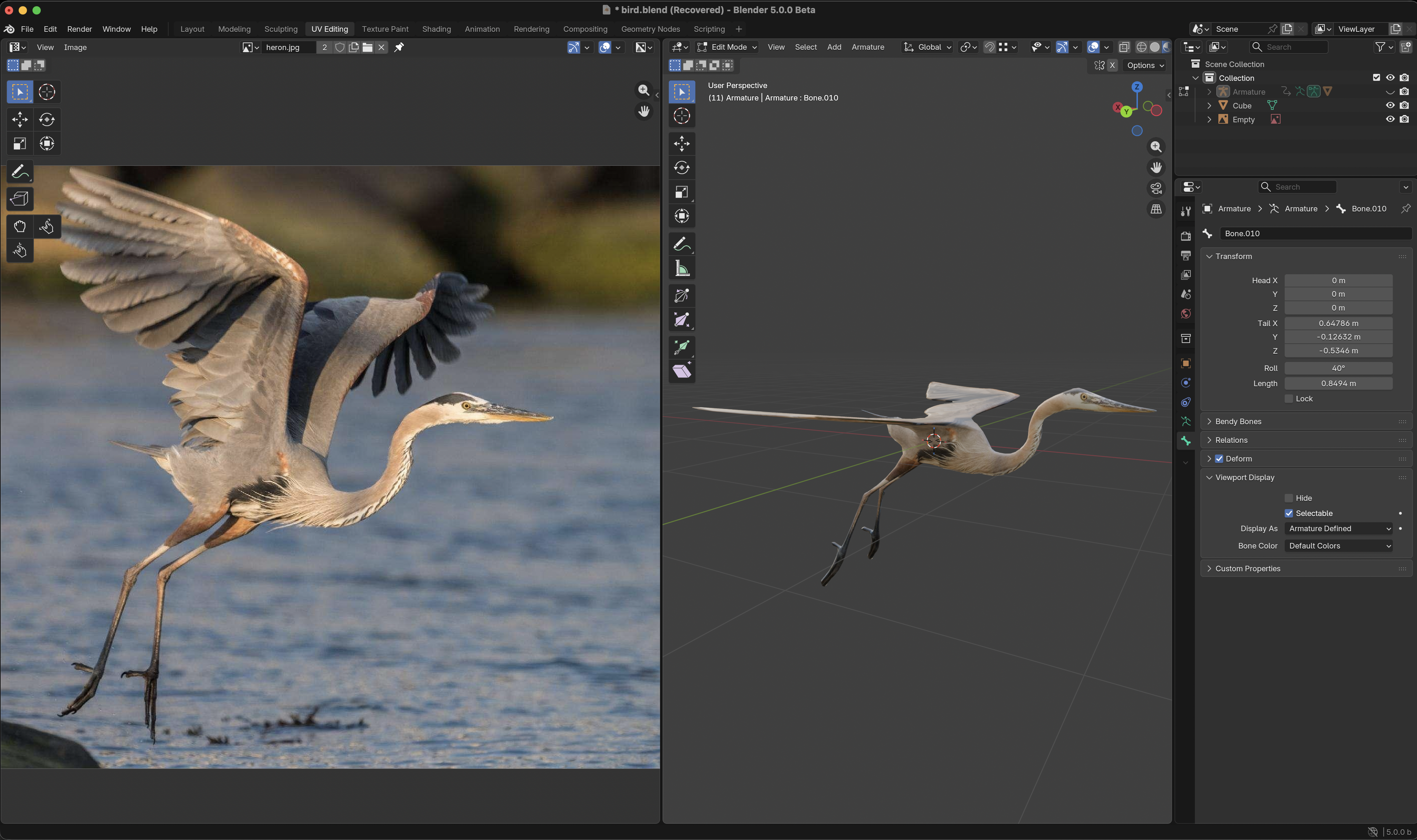 A screenshot of blender with a picture of a heron on one side and the heron I modeled on the other